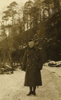 View of British soldier at Stobs Camp by the castle steading.

