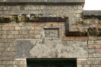 Hatchery building, view of datestone (1881) and surrouonding brickwork on west wall