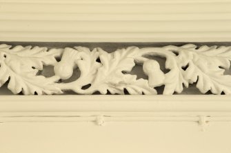 Interior. 1st floor, landing, detail of decorative cornice within 1st floor of stairwell