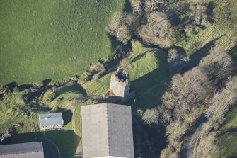 Oblique aerial view of Carleton Castle, looking NNW.