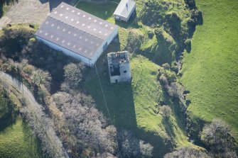 Oblique aerial view of Carleton Castle, looking SW.