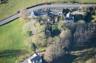 Oblique aerial view of Pinwherry Castle, looking WNW.