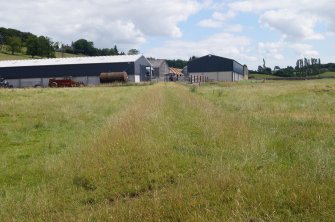 Westfield section/ Length 2a. The waggon road crossed the line of a farm track, leading from the Craigrie farm to fields in the west. The farm track has been embanked to bring it level with the bed of the waggon road. The Craigrie farm steading is in the background.