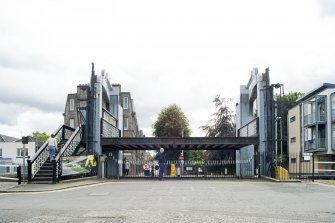 General view of Leamington Lifting Bridge, Union Canal, Gilmore Park, Edinburgh, in raised position, from the north