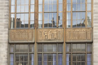 Detail of windows and motifs on east elevation of Fountainbridge Public Library, 137 Dundee Street, Edinburgh.