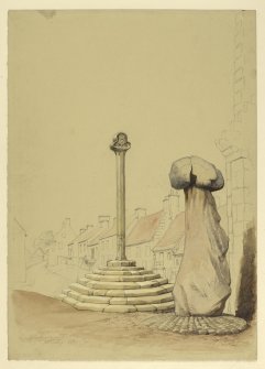 Drawing of Clackmannan Market Cross and King Robert's Stone.

