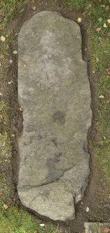 View of recumbent cross slab. Available light.
