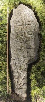 View of recumbent cross slab. Peripheral lighting. (with scale.)