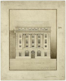 Edinburgh, 42 St Andrew Square, Royal Bank of Scotland.
Presentation drawing showing elevation to St Andrew Square.
Insc: 'Leslie G. Thomson A.R.I.B.A. F.R.I.A.S 6 Ainslie Place Edinburgh.'