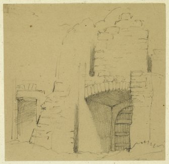 Drawing of interior view of gatehouse of Borthwick Castle