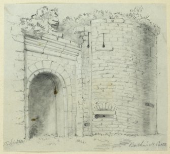 Drawing of exterior view of gatehouse of Borthwick Castle.