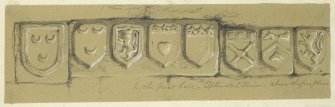Drawing of carved armorials in the Great Hall at Elphinstone Tower.