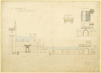 East elevation of entrance hall, wing and offices with section, Aboyne Castle.
