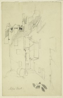 Drawing of Hopes Court, Edinburgh, with sketch view of Smailhome Castle on verso.