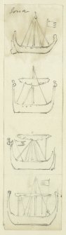 Drawing of 4 nordic ships from grave slabs of the 14th and 15th centurys from Iona.