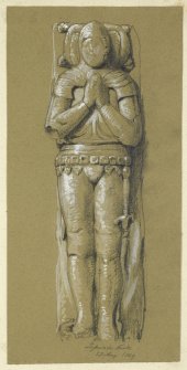 Drawing of a grave slab with recumbent Knight with sword by his side, hands together in prayer at Lasswade, Old Parish Church.