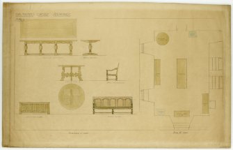 Elevations and plan for furniture in Hall of Balmanno Castle, Perthshire