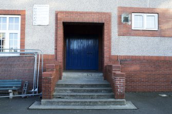 Exterior. Detail of entrance to west elevation of school.