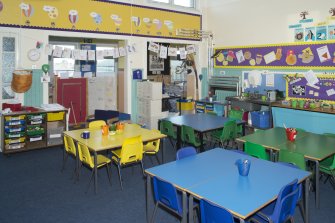 Interior. General view of sample classroom off north corridor.