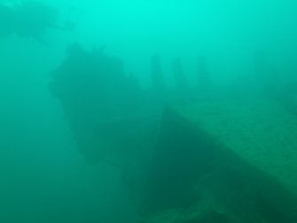 View of hull with surveying diver in view on steamship Minieh