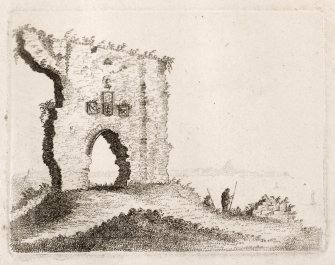 Engraving of remaining wall of Dunbar Castle with 4 heraldic stones above arched doorway.