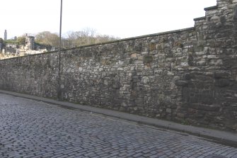 General view of blocked openings in boundary wall to south of Calton New Burial Ground, Calton Road, Edinburgh.