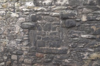 Detail of blocked window opening in boundary wall to south of Calton New Burial Ground, Calton Road, Edinburgh.