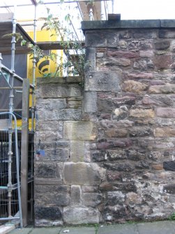 Detail of western corner of Canongate Churchyard in Old Tolbooth Wynd, adjoining the former site of Canongate Poorhouse, 20 Calton Road, Edinburgh.