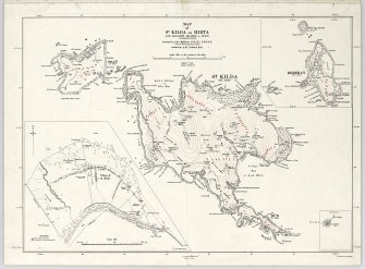 Map of St Kilda or Hirta and adjacent islands and stacs (1963). Annotated with position of antiquities noted on original.