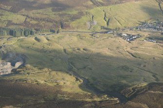 Oblique aerial view of Leadhills village and cultivation remains, looking E.