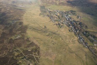 Oblique aerial view of Leadhills village and cultivation remains, looking NE.