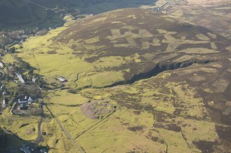 Oblique aerial view of the Wanlockhead mining remains, looking W.