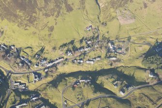 Oblique aerial view of Wanlockhead and mining remains, looking NNE.