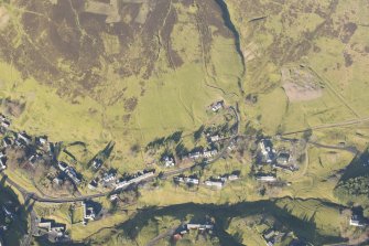 Oblique aerial view of Wanlockhead and mining remains, looking NNE.