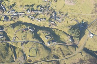 Oblique aerial view of Wanlockhead and mining remains, looking NNW.