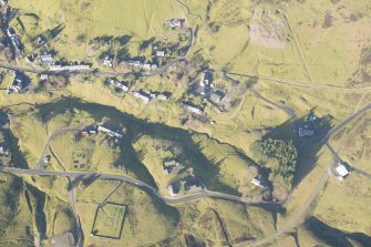 Oblique aerial view of Wanlockhead and mining remains, looking NNW.