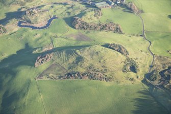Oblique aerial view of Law Hill Arnbathie fort, looking ESE.