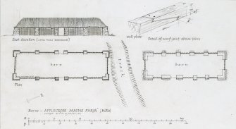 Site Plan (showing position of 2 barns and track between); East Elevation (showing wattle panels reconstructed); Wall Plate-Detail of scarf joint above piers