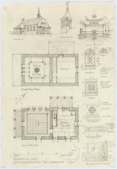 Ornamental dairy, formerly of Guisachan House, Tomich, Inverness-shire. Perspective elevation & interior floor plans & details
View from north west; Fleche ventilator; interior looking south west; First Floor plan; 
windows; Ground Floor plan; border and terrazzo floor
