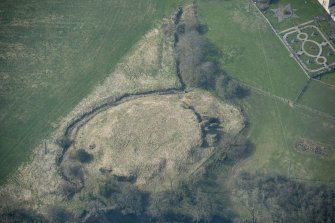 Oblique aerial view of Buittle Castle, looking SW.
