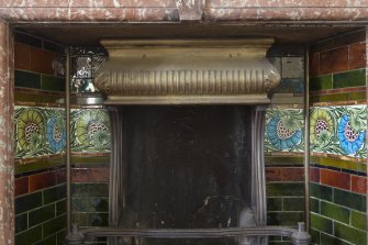 Queen's Craig. Ground Floor. Room 3. Detail of William De Morgan tiles within fireplace.