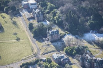 Oblique aerial view of South Craig House, Bevan House and East Craig House, looking WSW.