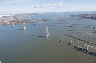 Oblique aerial view of the Queensferry Crossing, Forth Bridge and Forth Road Bridge, looking ENE.