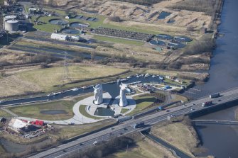Oblique aerial view of The Kelpies, looking WSW.