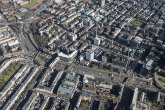 Oblique aerial view of the west end of Glasgow City Centre, Garnethill and Charing Cross, looking ENE.