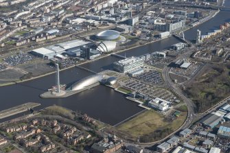 Oblique aerial view of Glasgow Science Park, Tower and Prince's Dock, looking NE.