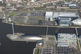 Oblique aerial view of Glasgow Science Park, Tower and BBC Scotland Broadcasting Studio, looking NNE.