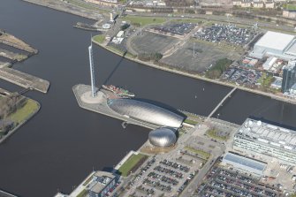 Oblique aerial view of Glasgow Science Park, Tower and Millenium Bridge, looking NNW.