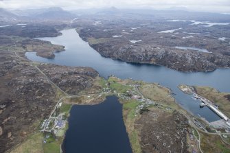 General oblique aerial view of Kinlochbervie with Loch Inchard beyond, looking S.