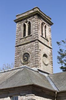 Durisdeer Parish Church. View of clock tower from South East.